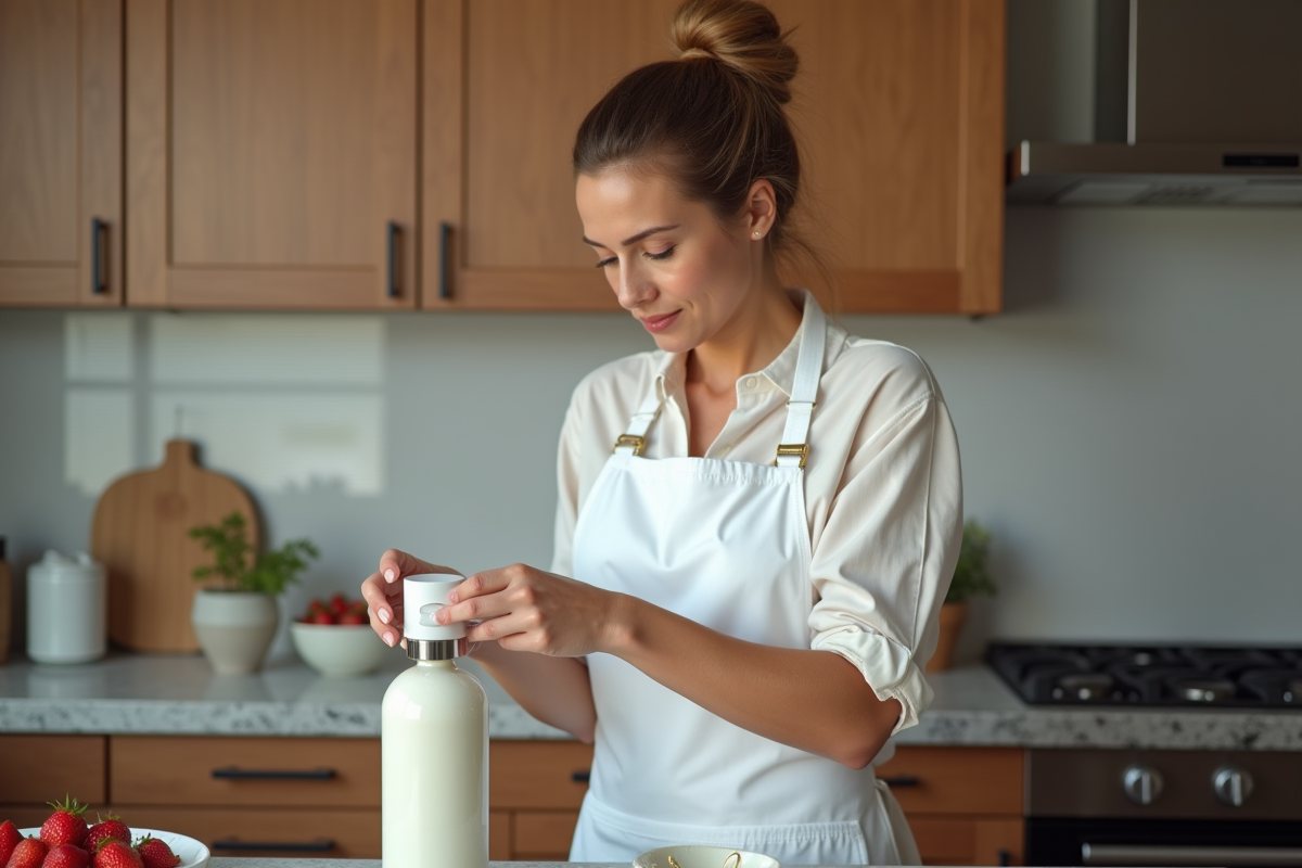 Femme utilisant un distributeur de creme fouettee en cuisine