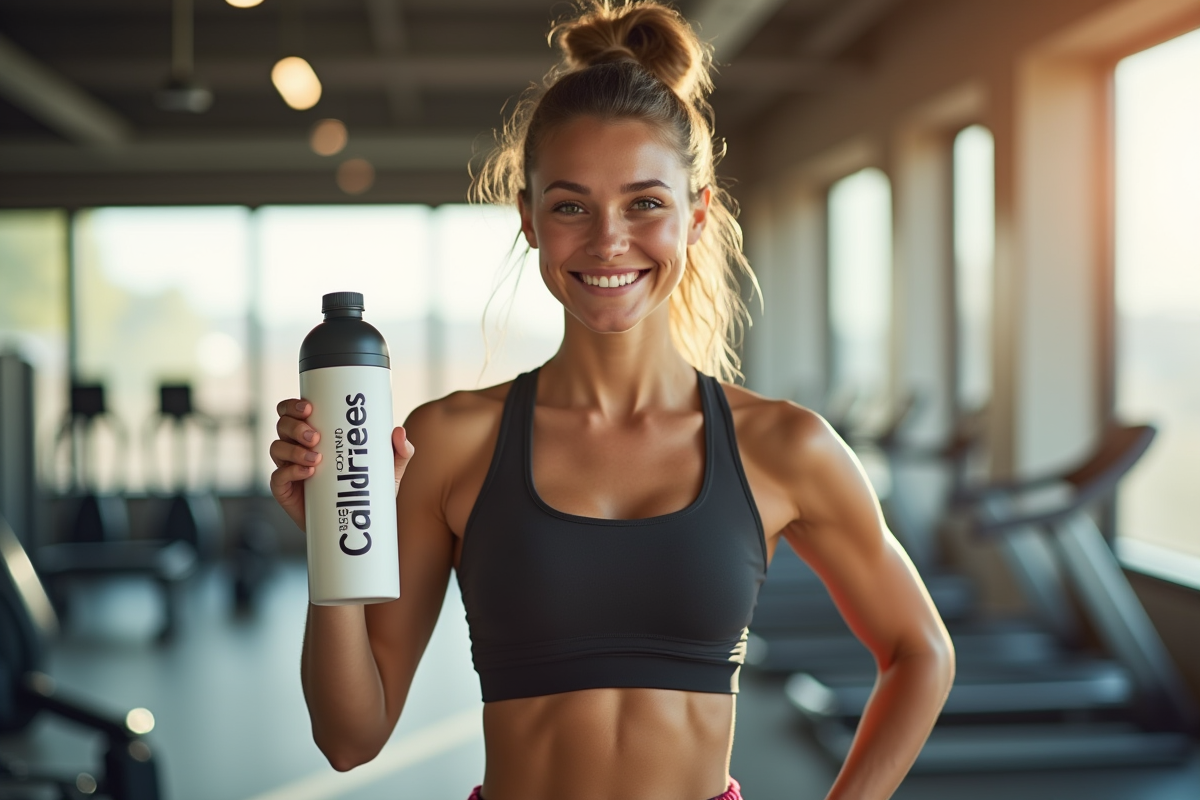 Jeune femme sportive tenant une bouteille zero calories après entraînement