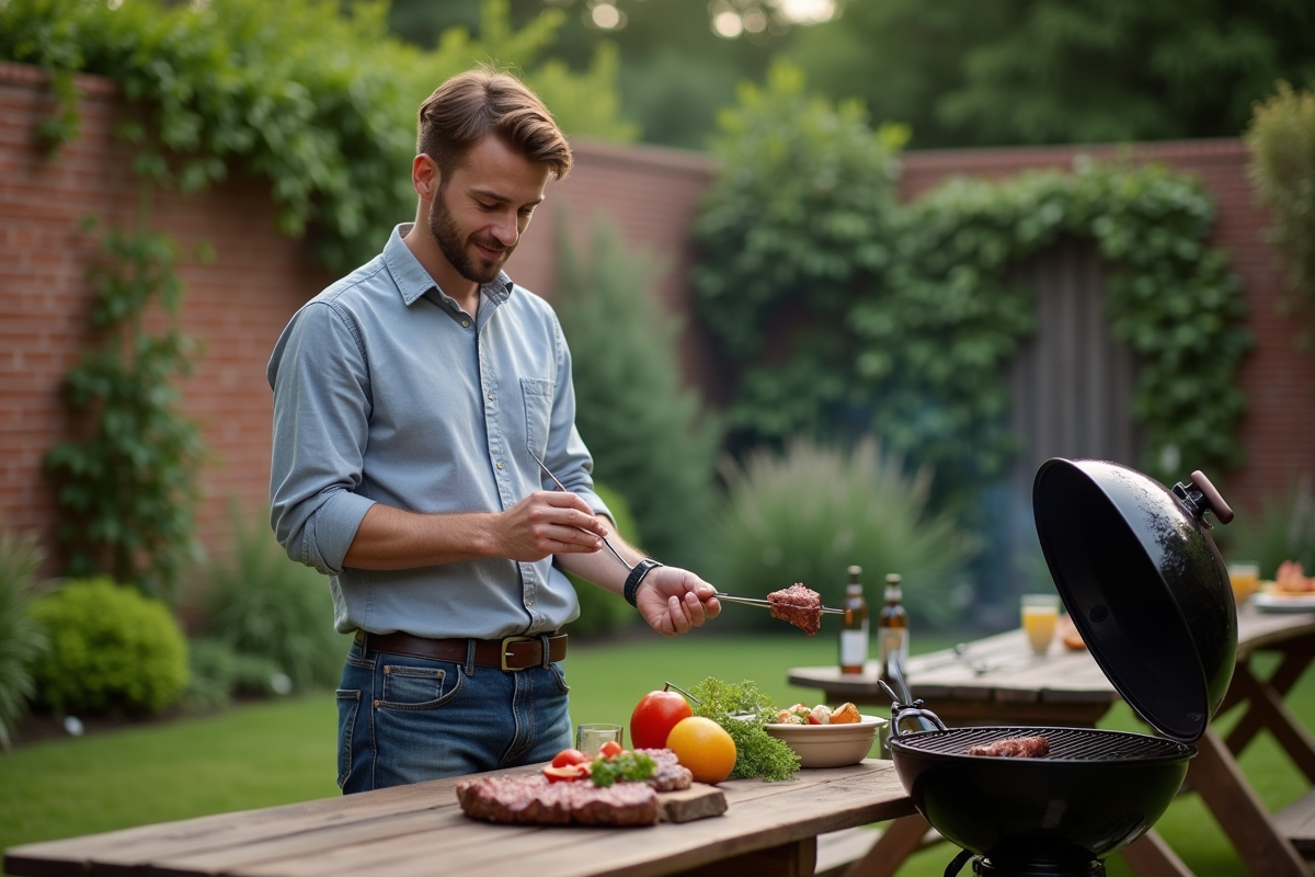 Jeune homme en chemise barbecue dans un jardin