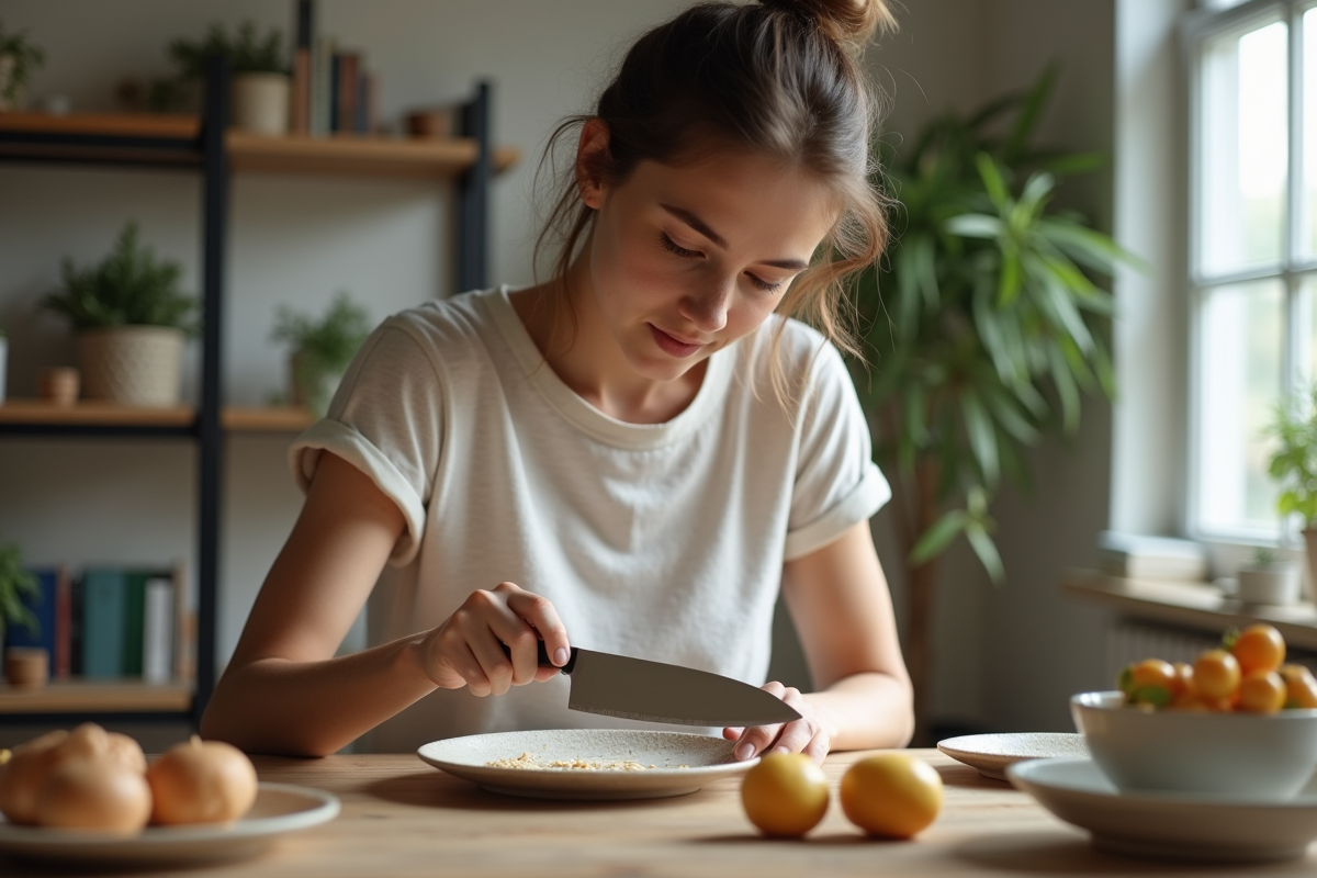 Jeune femme affûtant un couteau sur une assiette dans une salle à manger lumineuse