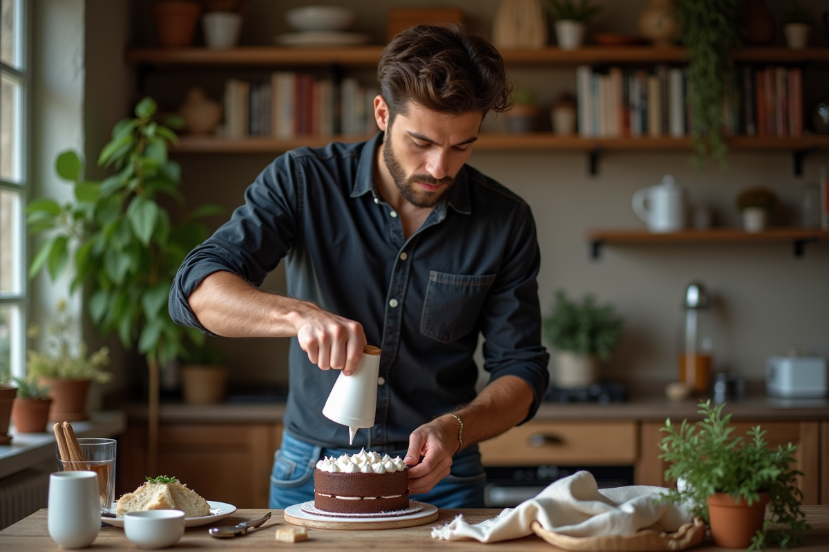 Jeune homme decorant un gateau avec creme fouettee maison