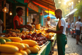 Marché de rue jamaicain coloré avec vendeurs souriants