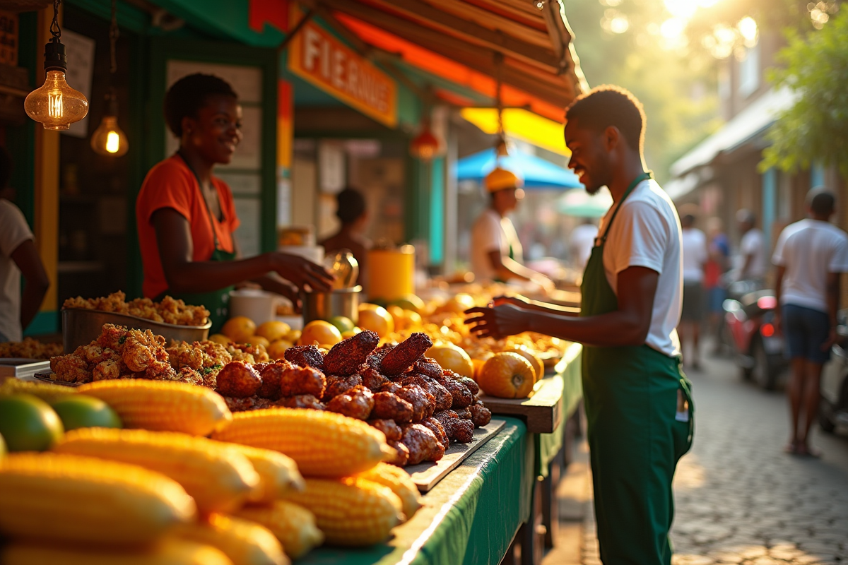 Marché de rue jamaicain coloré avec vendeurs souriants
