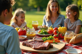 Famille profitant d'un pique-nique avec viande bio et légumes