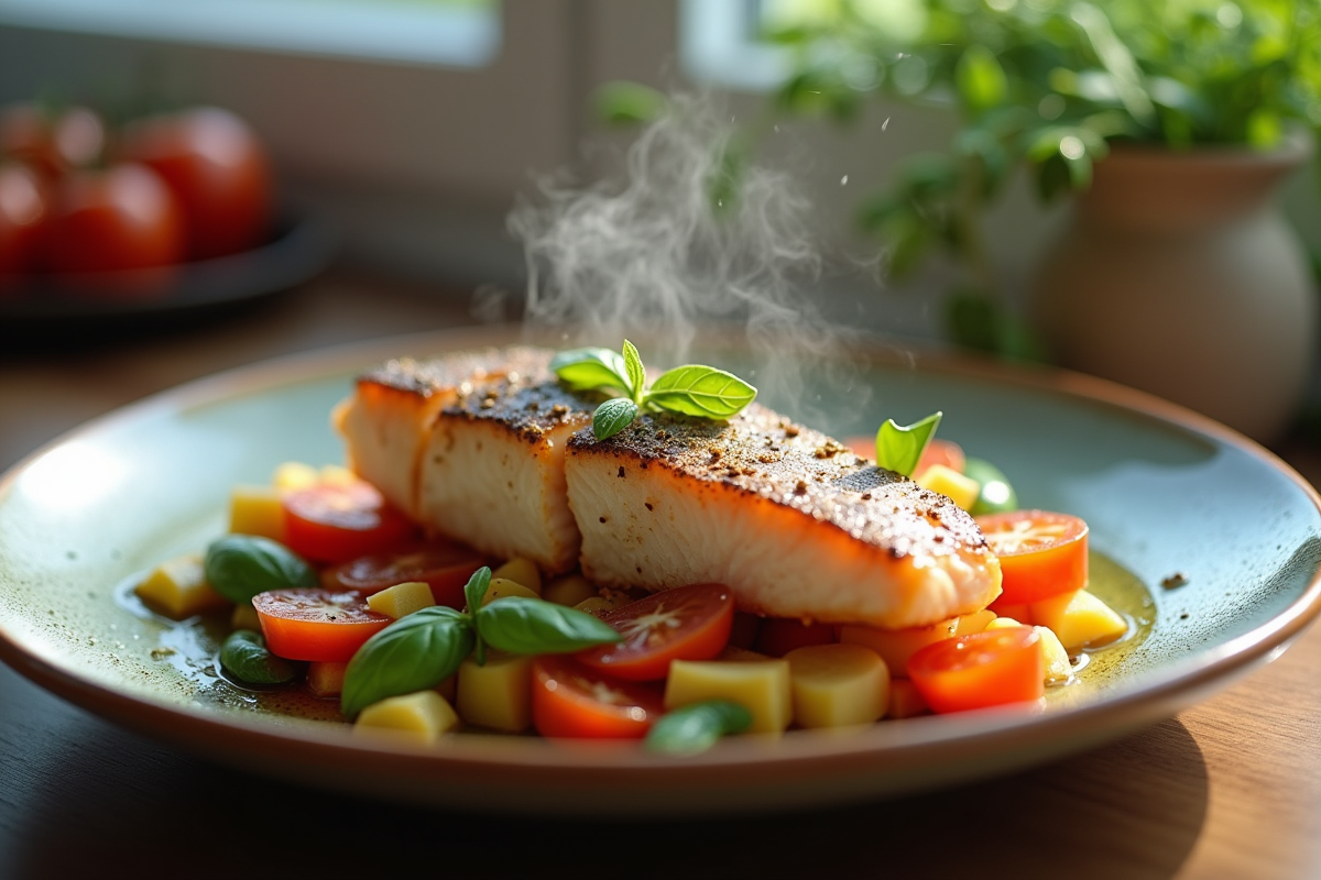 Assiette de plat sain vapeur légumes et poisson appétissant