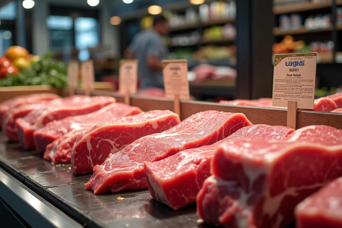Rayon boucherie avec viande bio et étiquettes de qualité
