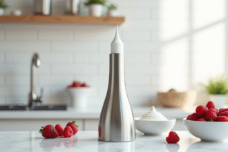Siphon en acier inoxydable sur comptoir blanc avec fruits frais