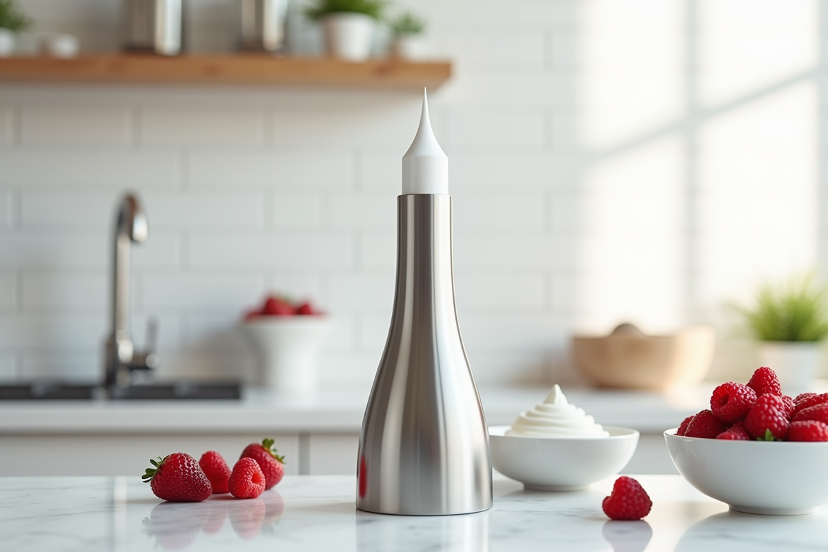 Siphon en acier inoxydable sur comptoir blanc avec fruits frais