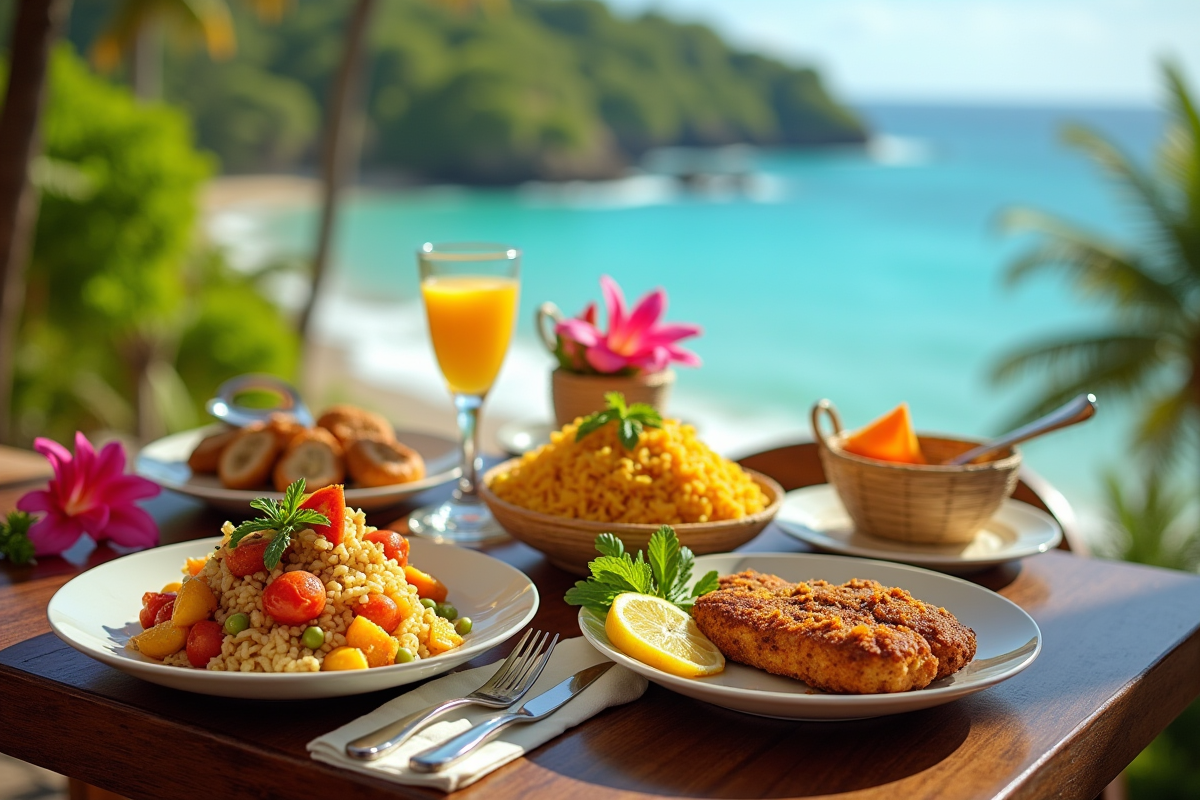 Table extérieure avec cuisine jamaicaine face à la mer turquoise