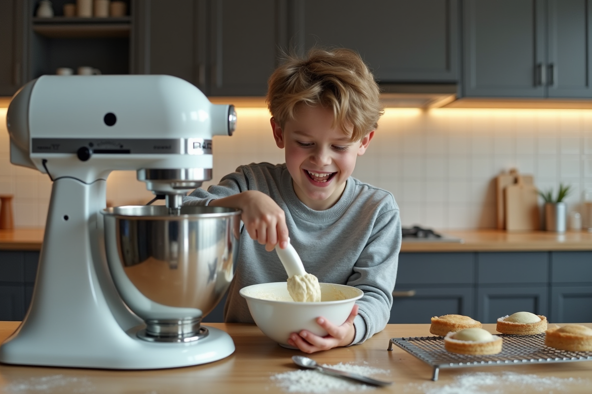Adolescent en sweat mélangeant la pâte à gâteau avec un robot pâtissier