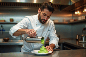 Chef professionnel utilisant un siphon pour une purée de pois vert