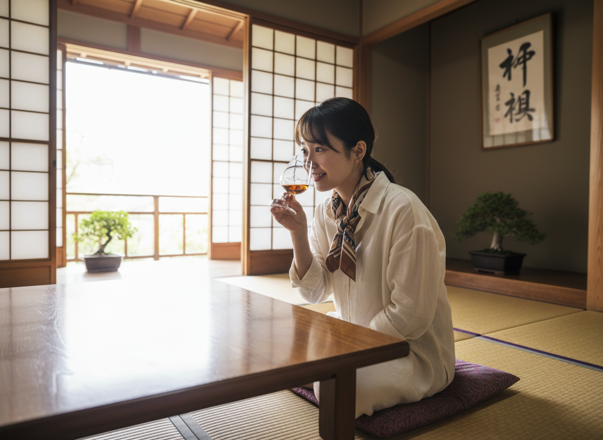 Jeune femme asiatique dégustant un whisky dans une pièce japonaise