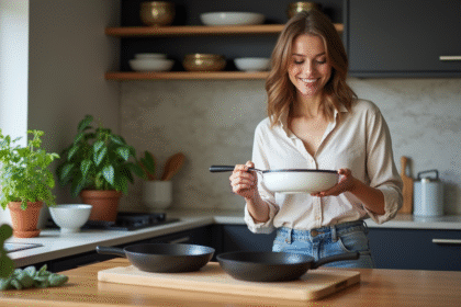 Jeune femme inspectant une poêle en céramique dans la cuisine