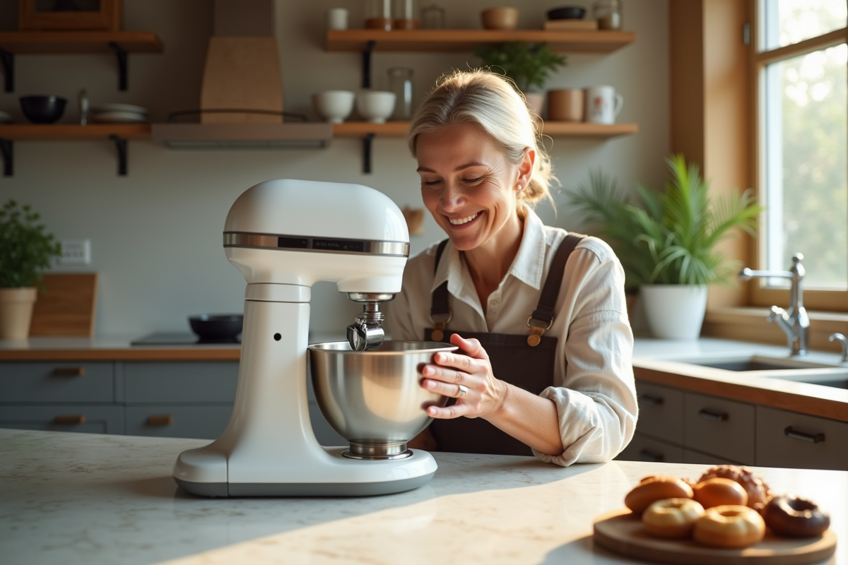Femme d'âge moyen préparant avec un robot pâtissier dans une cuisine chaleureuse