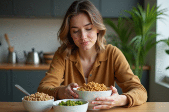 Jeune femme compare lentilles et pois chiches dans la cuisine