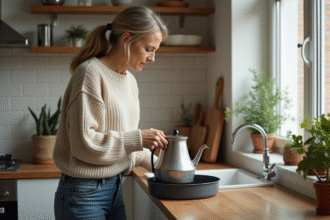 Femme recyclant une vieille bouilloire dans la cuisine
