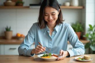 Jeune femme arrangeant un repas équilibré dans la cuisine