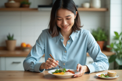 Jeune femme arrangeant un repas équilibré dans la cuisine