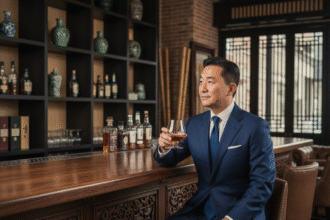 Homme asiatique en costume dégustant un whisky dans un salon élégant