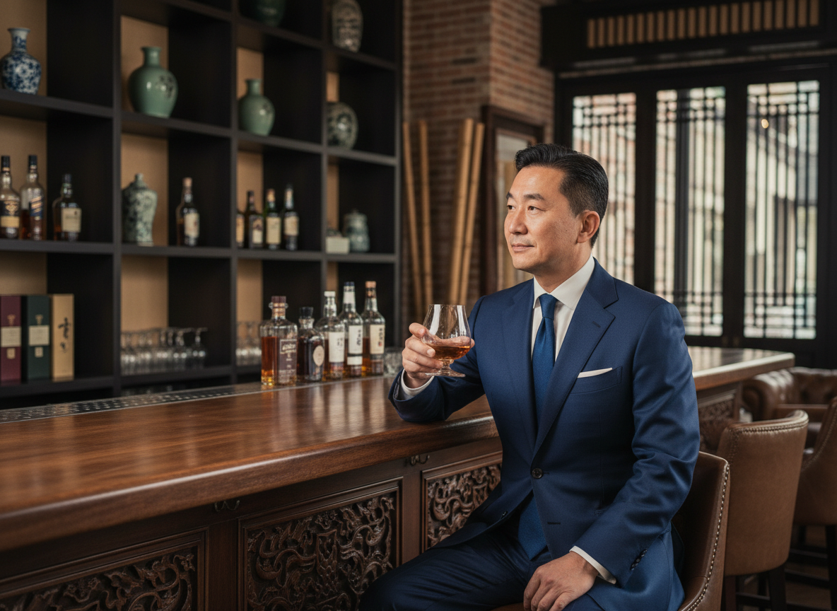 Homme asiatique en costume dégustant un whisky dans un salon élégant