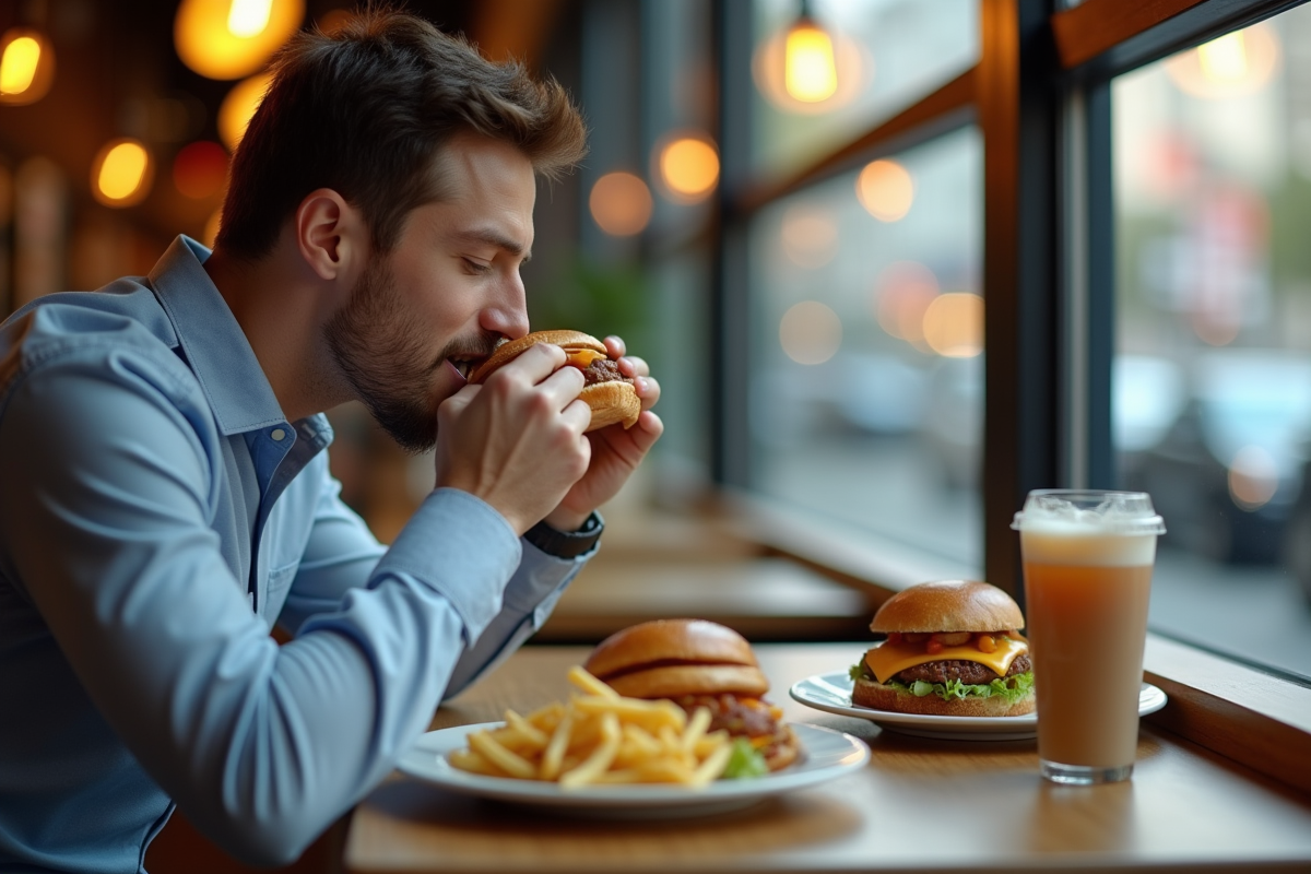 Jeune homme dégustant un sandwich dans un café animé en ville