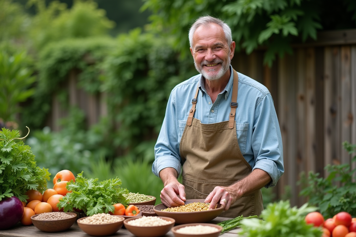 Homme arrangeant légumes dans le jardin en extérieur