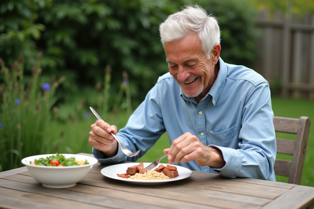 Homme préparant son déjeuner dans un jardin en plein air
