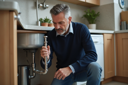 Homme d'âge moyen répare un siphon sous l'évier de cuisine
