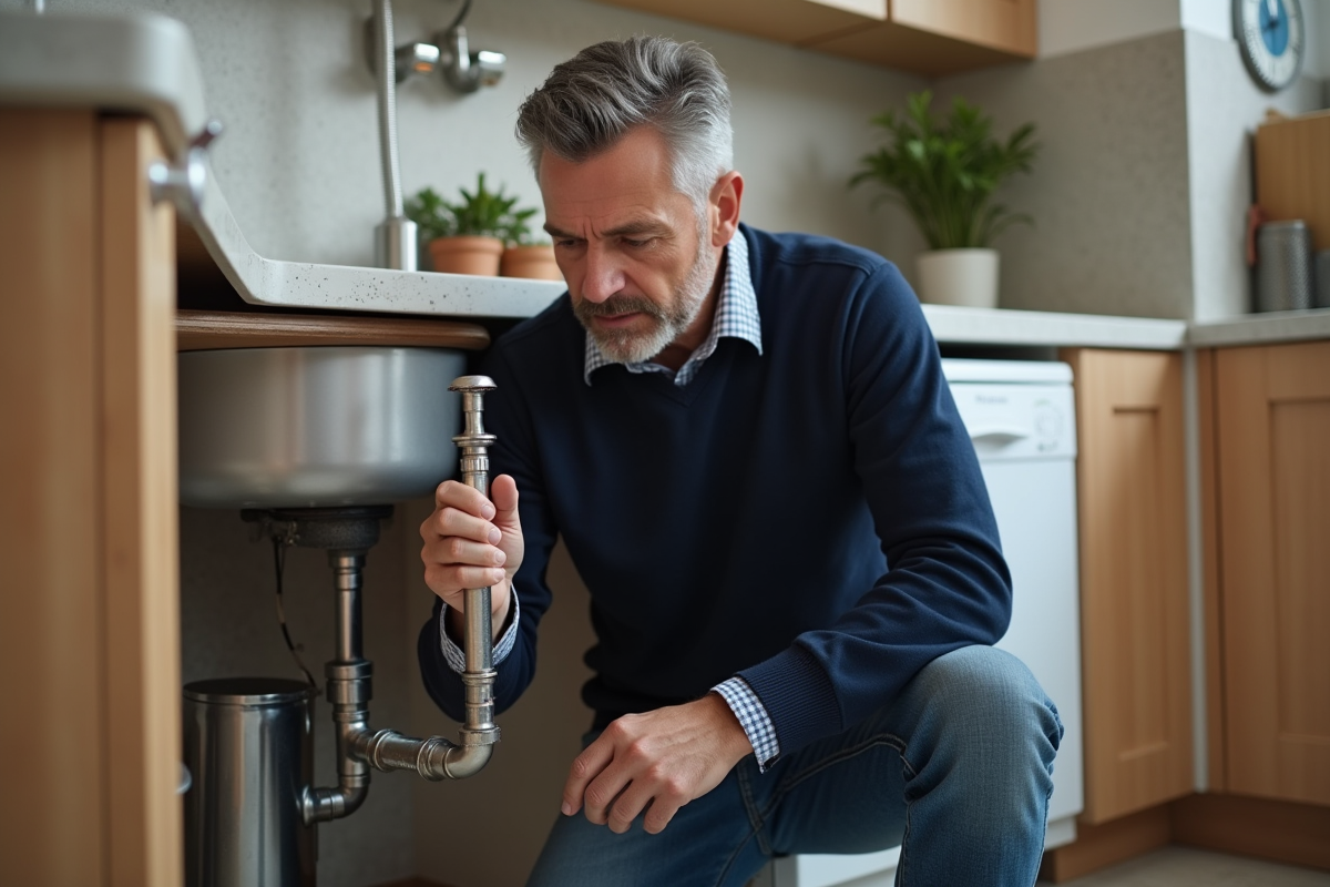 Homme d'âge moyen répare un siphon sous l'évier de cuisine