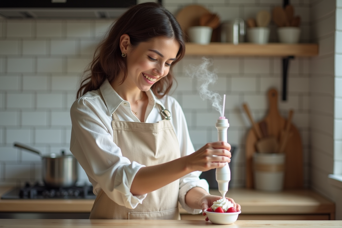 Jeune femme préparant un dessert avec un siphon dans sa cuisine
