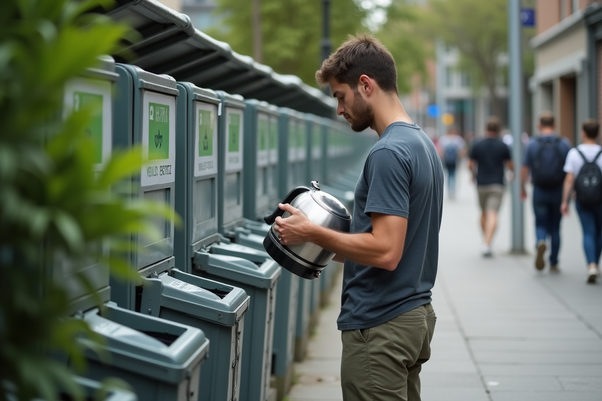 Jeune homme triant une bouilloire électrique à l’extérieur