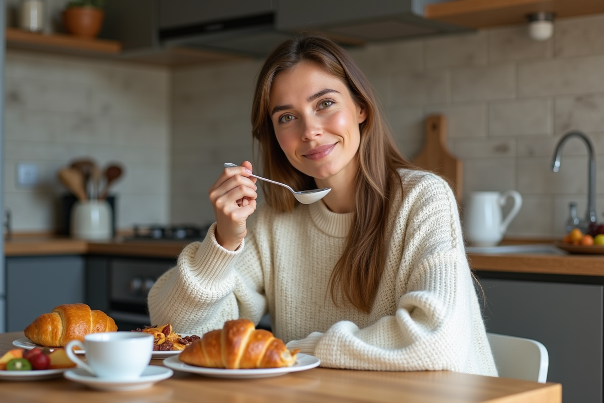 Femme en casual prenant son petit déjeuner dans une cuisine lumineuse