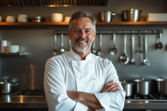 Chef homme confiant dans une cuisine moderne