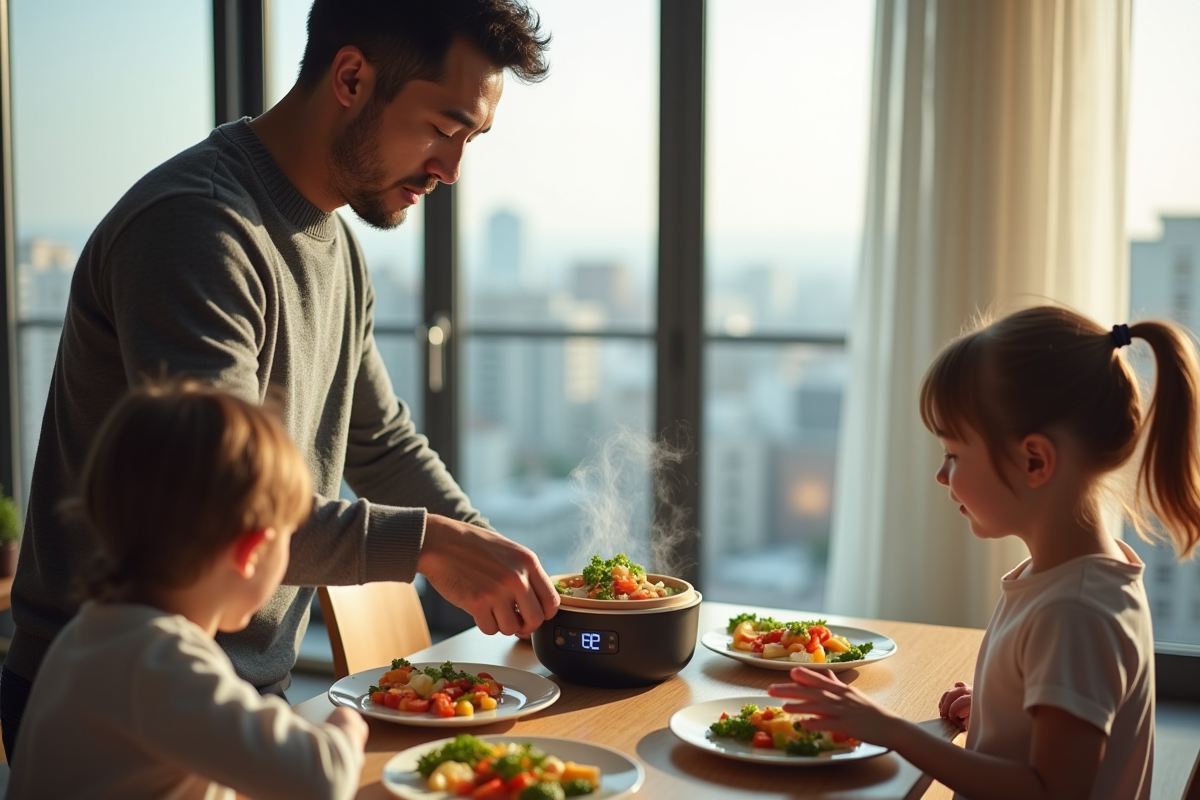 Famille autour de la table dégustant des légumes vapeur