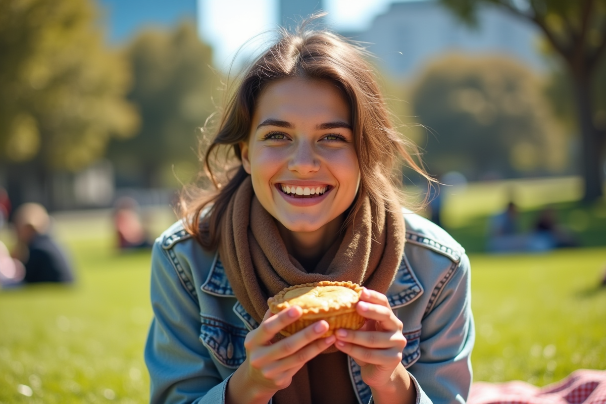 Jeune femme australienne dégustant une tarte dans un parc urbain