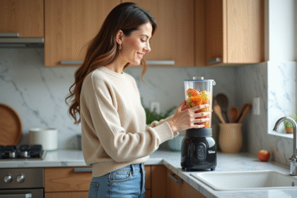 Femme souriante tenant un blender rempli de fruits dans la cuisine