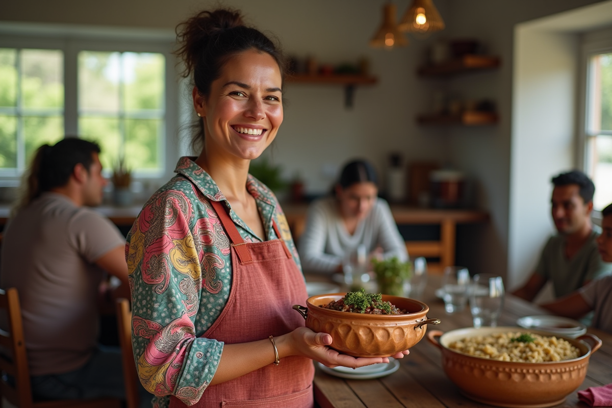 Femme brésilienne souriante servant feijoada dans la cuisine