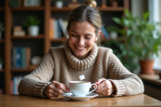 Femme dans un café ajoutant un sucre dans sa tasse