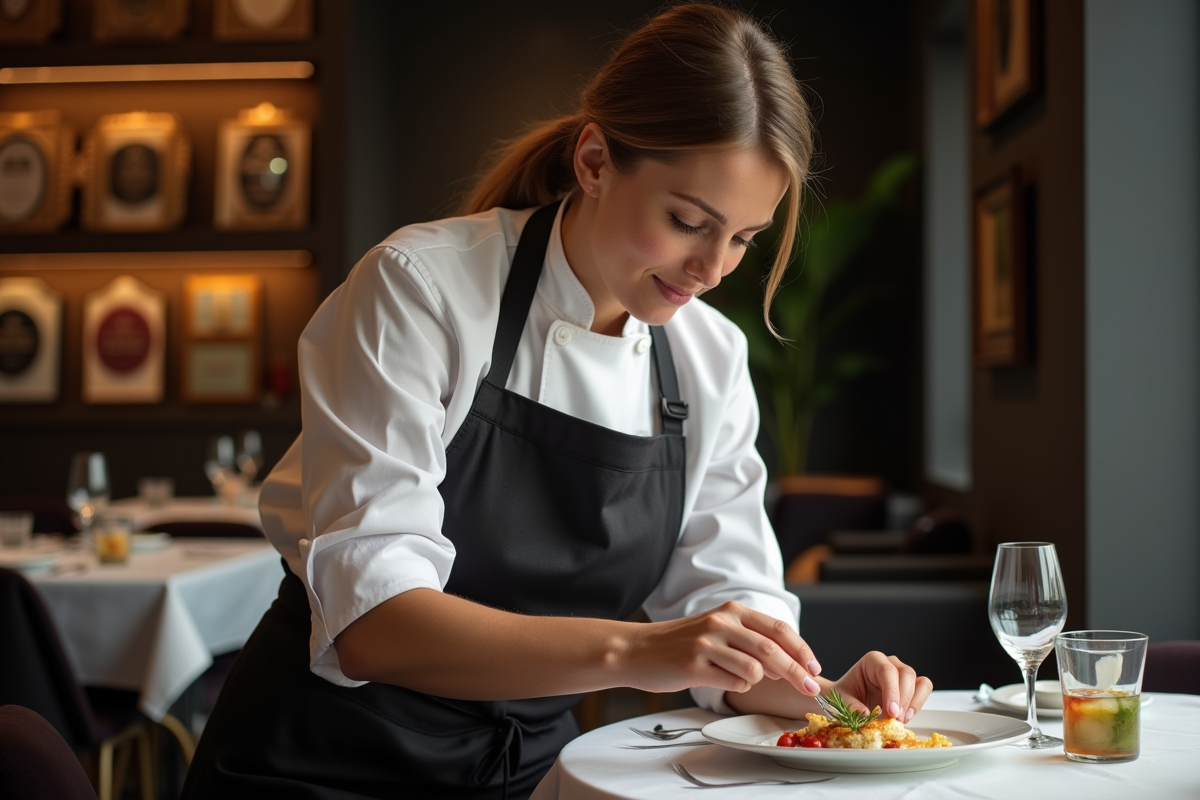 Femme chef en train de dresser un plat élégant