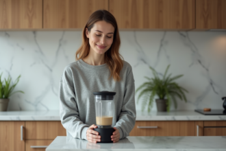 Jeune femme dans la cuisine utilisant un blender silencieux