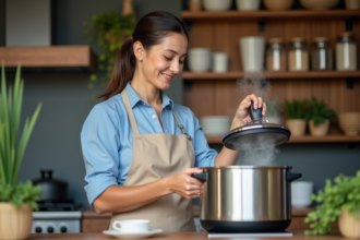 Femme souriante soulevant le couvercle d’un cuiseur vapeur moderne