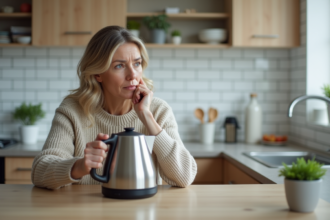 Femme examinant un kettle électrique dans la cuisine