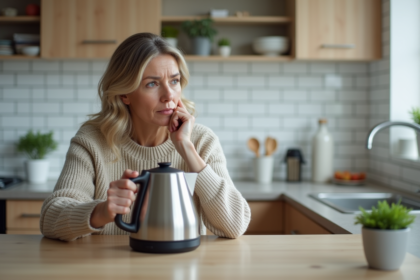 Femme examinant un kettle électrique dans la cuisine