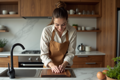 Femme lavant une planche en noyer dans une cuisine moderne