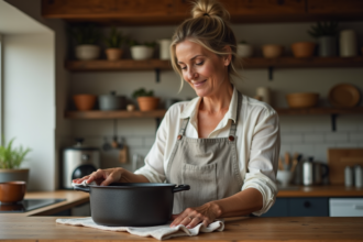 Femme nettoyant une cocotte en fonte dans la cuisine