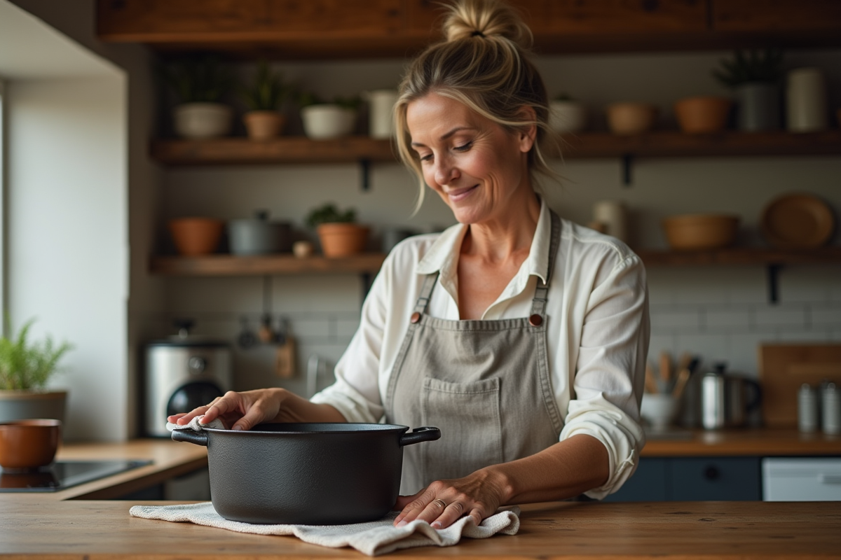 Femme nettoyant une cocotte en fonte dans la cuisine