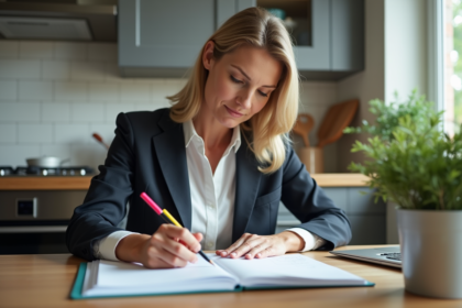 Femme d'affaires organisant son planner à la maison