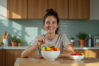 Femme souriante servant des fruits et légumes frais dans une cuisine moderne