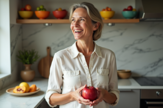 Femme souriante tenant une pomme dans une cuisine lumineuse