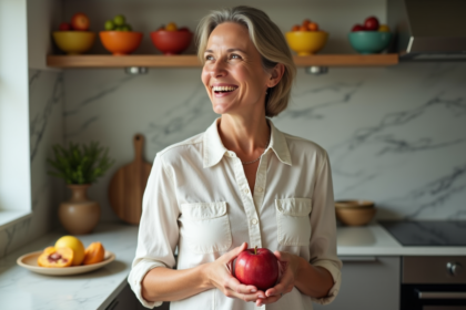 Femme souriante tenant une pomme dans une cuisine lumineuse
